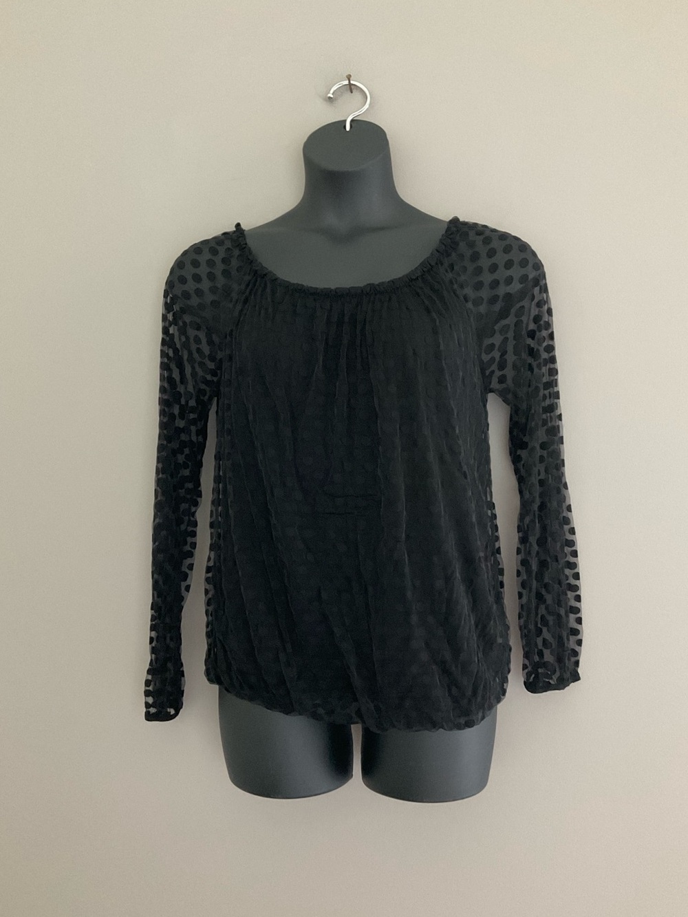 Elena Baldi, COMFY & STRETCHY, Black, Polka Dot Textured, Long-Sleeve Blouse